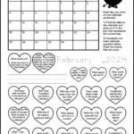 A printable February 2024 calendar worksheet for 1st graders. The page has the February 2024 calendar. It also has 20 hearts each with a calendar question inside. Kids can color the hearts as they answer the 1st grade calendar questions. There's also 3 lines where kids will be asked to write the current month. And another spot where kids will be able to trace the text "February, 2024." There's a space after the word February so that kids can write the number of the current date.