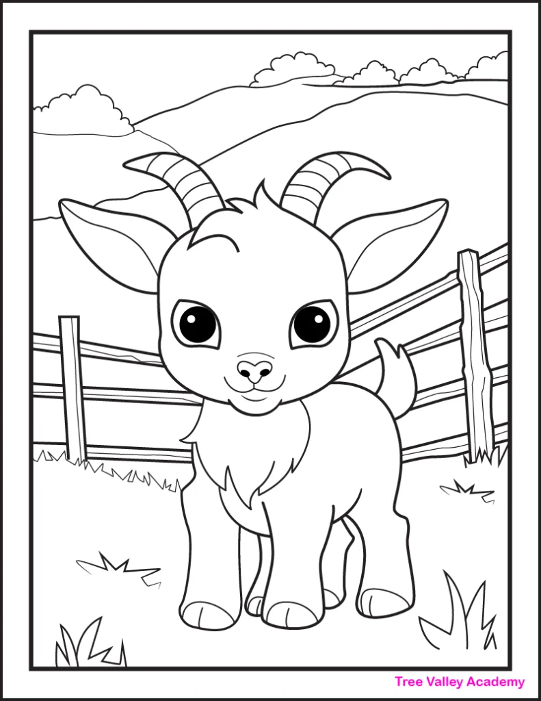 A printable baby goat coloring page for kids. The cute goat has big eyes and 2 horns. The goat is standing in a fenced area with grass.