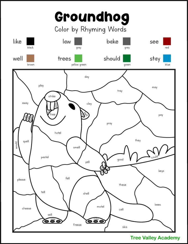 A groundhog color by rhyming words coloring worksheet. Kids will need to find the rhyming words of 8 words and color those spaces a specified color. The rhyming words are: like, well, law, trees, bake, should, see, and stay. The picture to color is a ground hog standing on his 2 back legs yelling his spring prediction.
