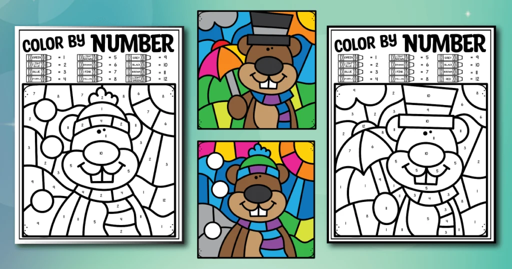 2 printable groundhog themed color by number printables, along with pictures showing what the worksheets will look like when coloured. Kids will need to identify the numbers 1 to 12. In one picture, it's snowing and a groundhog is wearing a winter hat and a scarf. In the other picture, the groundhog is wearing a top hat and a scarf while holding an umbrella.