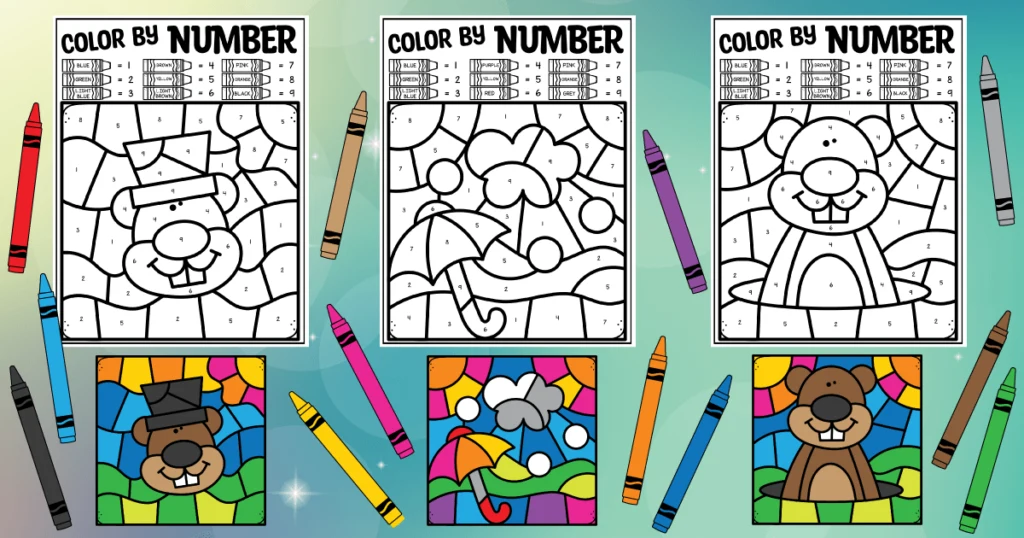 3 printable groundhog themed color by number printables. Kids will need to identify the numbers 1 to 9. There are pictures of the kindergarten coloring worksheets fully coloured and crayons are scattered around the worksheets. There's a ground hog wearing a top hat in spring,
a groundhog sitting in his hole during the spring, and a picture with an umbrella, some snowflakes, rain and snow clouds.