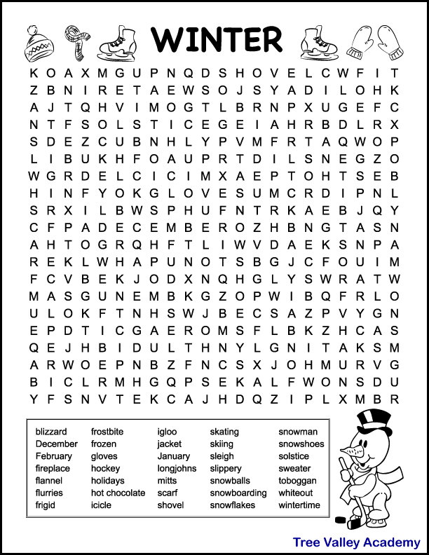 Free printable hard winter word search for kids. 35 hidden winter words will be tough for kids to find in the 20 X 22 letter grid. There are some images on the page for kids to color: a snowman on skates with a puck and a hockey stick, gloves, skates, a winter hat and scarf.