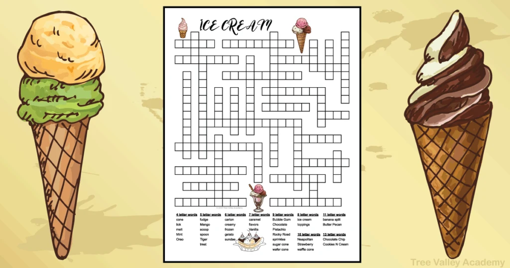 A one page free printable ice cream themed fill in word puzzle. The puzzle has 35 ice cream words to fit in the puzzle. 14 of the words are popular ice cream flavors. There are 4 letter words up to 13 letter words. Images of a 3 scoop ice cream cone, a soft serve ice cream cone, a banana split and bowl with ice cream decorate the puzzle. The downloadable pdf has 2 versions to choose from: black and white or color. Answers included.