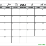 A black and white full page printable calendar for the month of July 2023. The July monthly calendar has a vacation theme and is decorated with images of a flying plane, flowers, a suitcase, a cruise ship, and an island with palm trees at the top of the page. There's also 2 blank areas to write notes in.