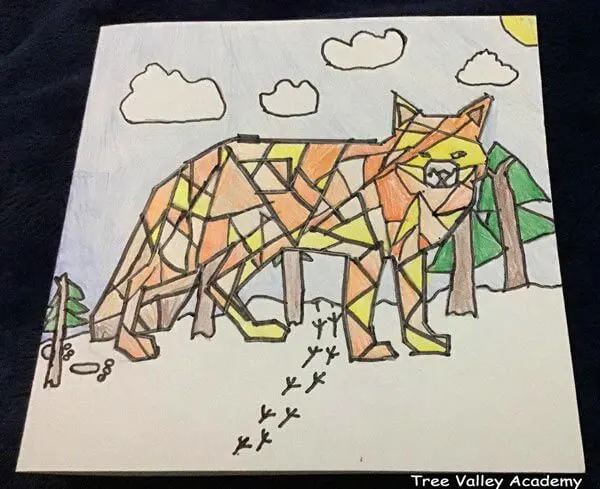 How to make geometric animal art for kids. Kids can pick their favourite animal and turn it into geometric art. If desired, these art projects can be used to make some beautiful greeting cards. This is a handmade greeting card a 4th grader did of a fox. Detailed instructions for kids to make their own animal math art. #mathart #animals #fox #geometricfox #treevalleyacademy