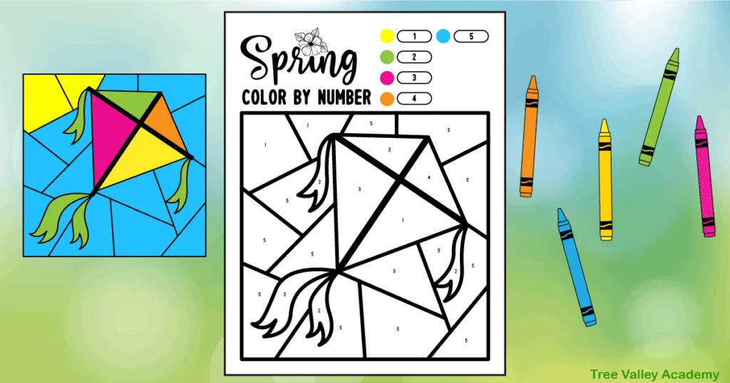 A printable kite color by number worksheet and a picture showing what it will look like when fully coloured. The simple diamond kite has streamers and is flying in a blue sky with a sun. The mostly black and white printable contains a small circle of each color beside the numbers 1-5. Crayons needed to color the kite math worksheet are orange, blue, yellow, green, and pink.