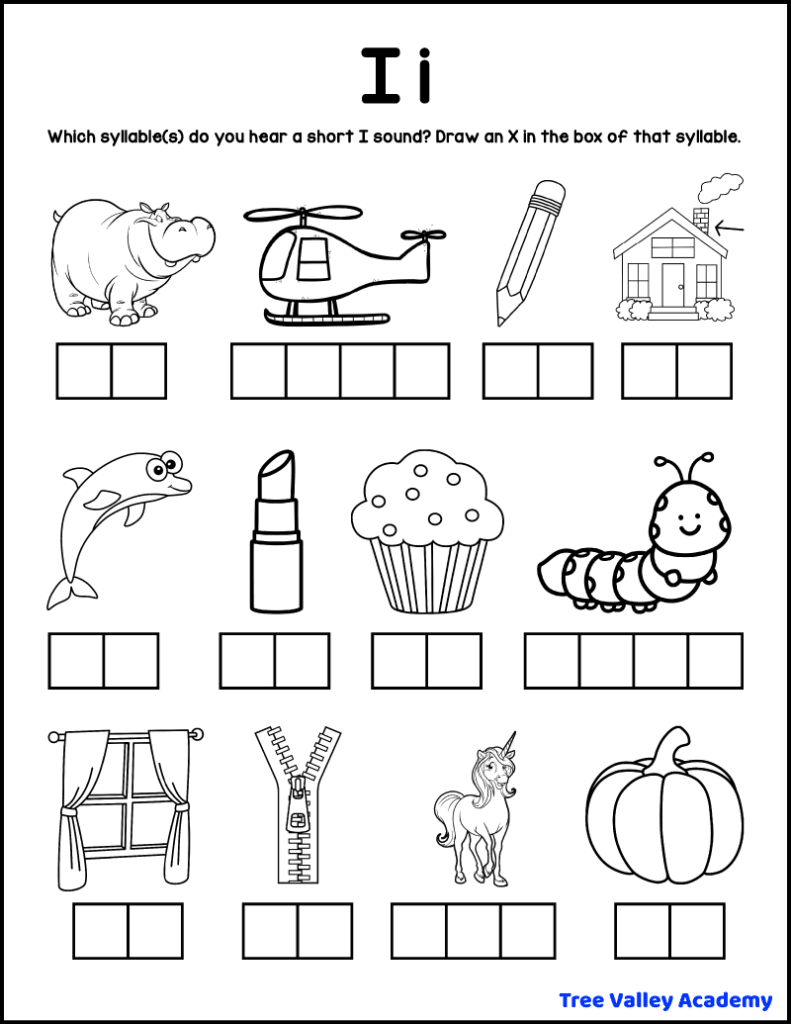 A printable short I sound worksheet. There are 12 black and white images of words that have an I sound. Kids need to sound each word out and identify which syllable(s) contains a short letter I sound. Then they are asked to draw an X in the box(es) representing those syllables. There is a picture of a hippo, helicopter, pencil, chimney, dolphin, lipstick, muffin, caterpillar, window, zipper, unicorn, and pumpkin.