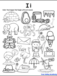 A printable letter I beginning sound alphabet worksheet for kindergarten. The black and white coloring worksheet has 24 images to sound out. There are 11 pictures for kids to color: 6 that begin with a short I vowel sound and 5 with a long I sound.
