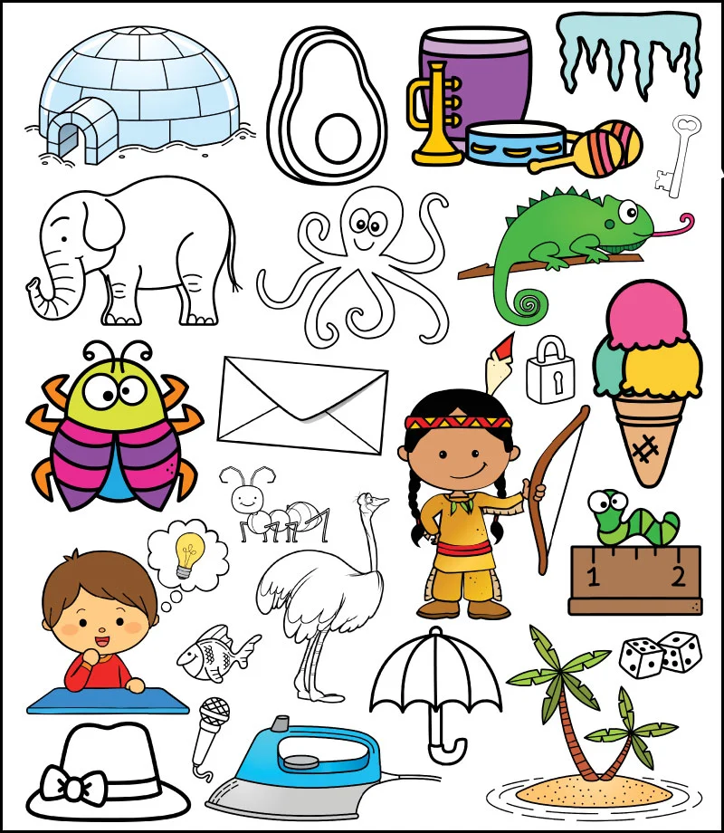 A letter I beginning sound worksheet answer key. It shows which of the 11 pictures should be colored: 6 that begin with a short letter I sound and 5 with a long I sound. Children should have colored the images of an igloo, instruments, icicles, iguana, ice cream, Indian, insect, idea, iron, inchworm, and island.