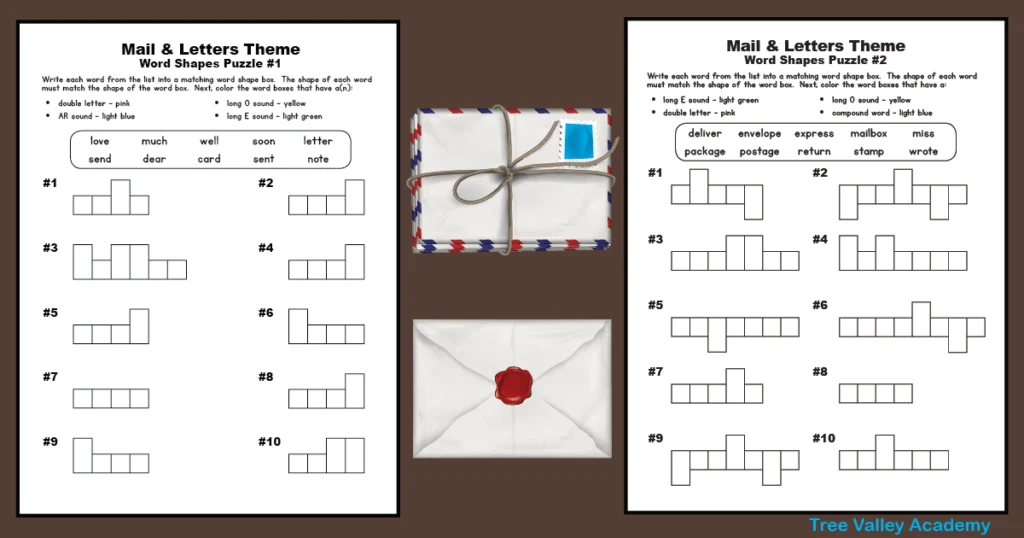 Two printable word shape puzzle spelling worksheets for 2nd and 4th grade. Each page has 10 spelling words to fit into word boxes. Afterward, children will be asked to color the word boxes with words that have certain phonics sounds. The worksheets are beside a stack of stamped envelopes.