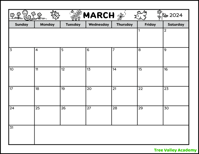 A black and white printable calendar for the month of March 2024. The full page blank monthly calendar prints on a letter-sized landscape orientation paper. There are 2 spots to write notes. The header is decorated with spring images: flowers, a worm, a ladybug, a bee, a dragonfly, and a bird.