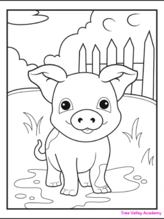 A printable muddy pig coloring page for kids. The cute pig is standing in a mud puddle. There's also grass, a fence, bushes and trees and a sky to color.