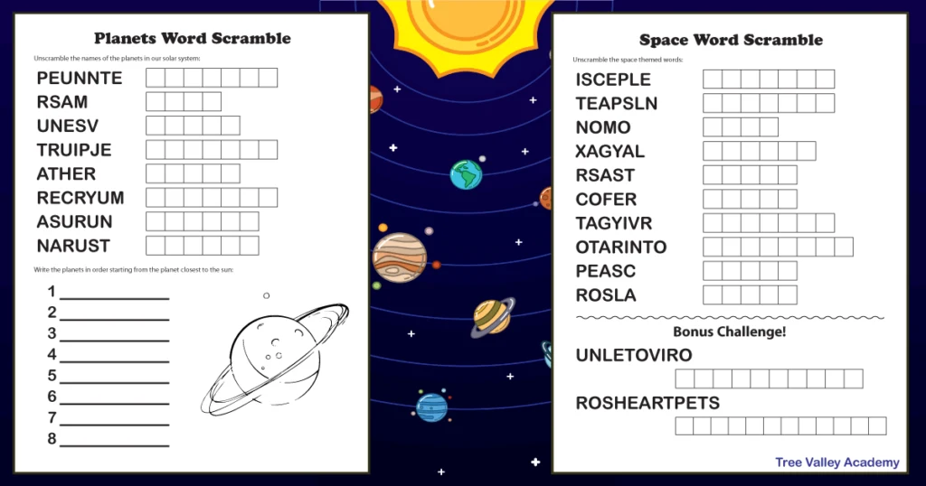 Two printable worksheets with space and planets themed word scrambles. There's also a section for kids to write the 8 planets in order starting from the planet closest to the sun.
