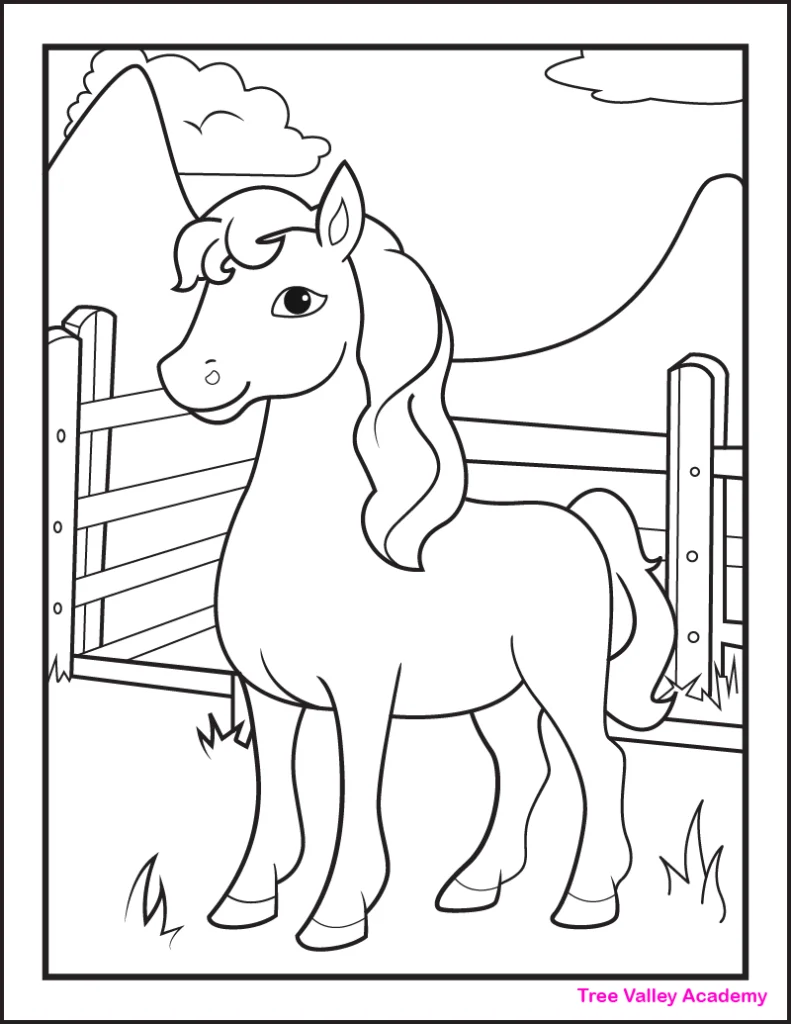 A printable pony coloring page. The pony is standing on grass. There's a fenced pen behind the pony, clouds, and