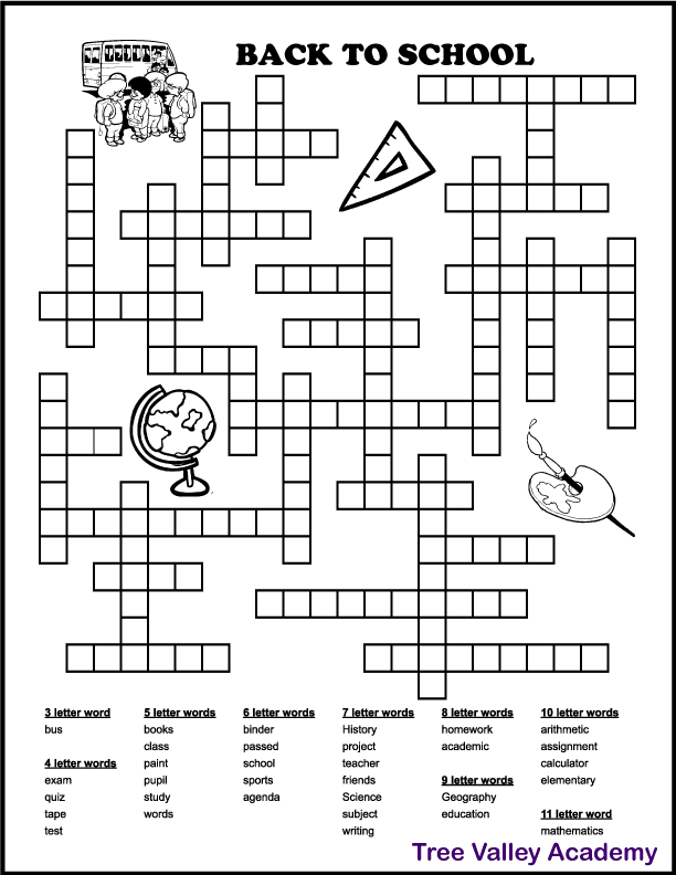 A printable back to school fill in puzzle for kids. 32 school words to fit in. The words are 3 to 11 letters long. The black and white puzzle has images of a globe, school bus with children, paint brush and tray, and a triangle ruler that kids can color if desired.