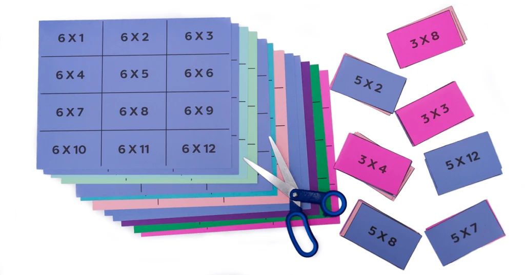 13 sheets of card stock with printed multiplication flashcards. 12 flash cards per page. Use scissors to cut out and have multiplication flashcards for 0-12