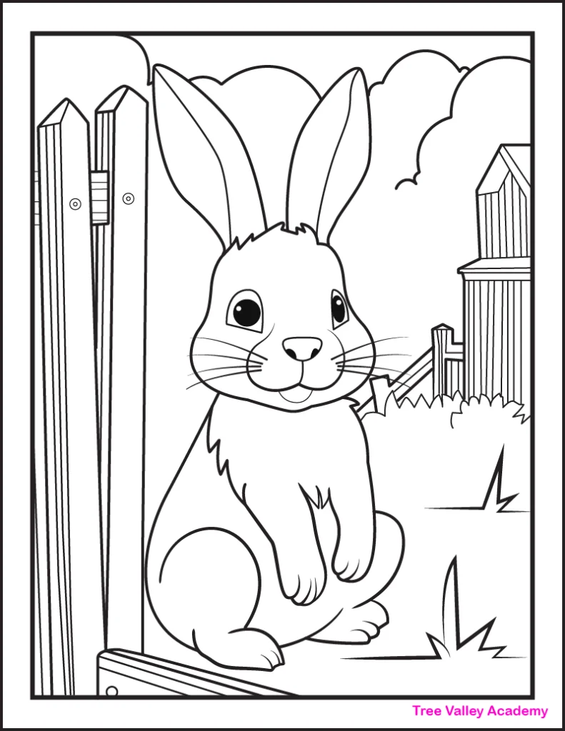 A printable bunny coloring page for kids. The cute rabbit is standing on its back legs with its ears standing straight up. There's also grass, bushes, sky, fence, and a barn to color.