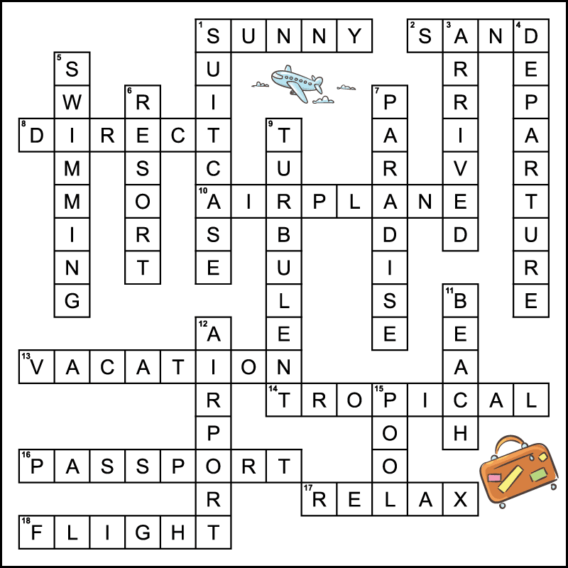 The answer key to a beach and resort vacation-themed crossword puzzle. The words down are suitcase, arrived, departure, swimming, resort, paradise, turbulent, beach, airport, and pool. The answers across are sunny, sand, direct, airplane, vacation, tropical, passport, relax, and flight.