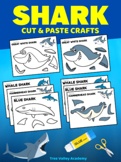 Shark cut and paste crafts for kids. There are 4 printable shark crafts: a great white shark, a whale shark, a hammerhead shark, and a blue shark. There are 2 versions of each printable, one kids can color, and one that's already colored.