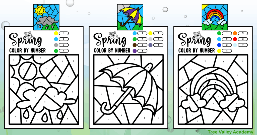 3 printable spring weather color by number worksheets and images of them when fully coloured. There's a simple umbrella, rain cloud, and a rainbow. The mostly black and white weather printables contain a small circle of each color beside its number.