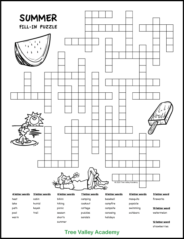 Free printable summer themed fill in word puzzles for kids. This fill in puzzle has 32 words to fit in the puzzle. The words are words you might expect when camping or hiking or hanging out at a lake. There are 4 letter words up to 12 letter words. Prints in black and white and has images of a watermelon, a popsicle, a boy swimming, and a boy lying in a meadow for kids to color. Pdf includes answers.