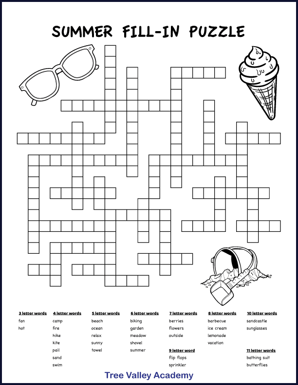 Free printable summer themed fill in word puzzles for kids. This fill in puzzle has 32 summer and beach words to fit in the puzzle. There are 3 letter words up to 11 letter words. Prints in black and white and has images of an ice cream, a pail and shovel with sand, and a pair of sunglasses for kids to color. Pdf includes answers.