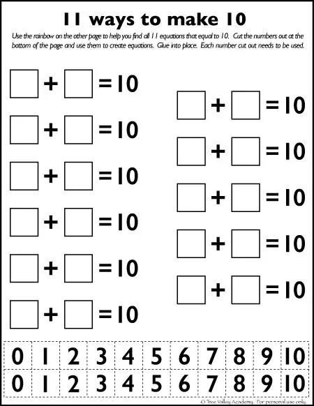 A number bonds to 10 worksheet. 11 ways to make 10. A free math printable that doesn't require any writing, ideal for a preschool, kindergarten or Grade 1 student. Cut and paste activity. #math #bondsof10