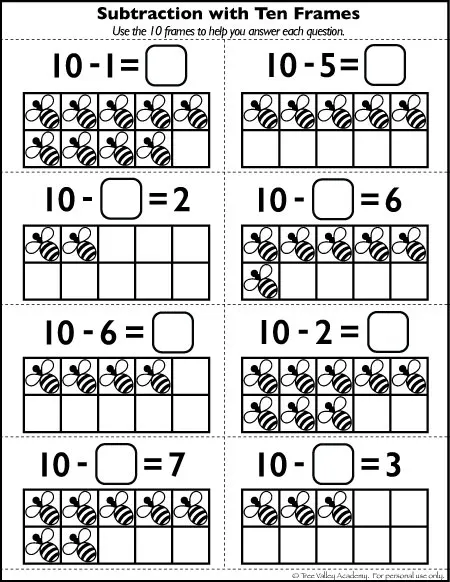Subtraction using 10 frames worksheet. Ideal for a preschool, kindergarten or Grade 1 student. A free number bonds to 10 worksheet with a bee theme. #math #bondsof10 #subtraction #freeprintables