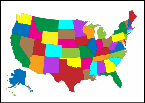 A colored map of United States. A color by number multiplication activity for kids that combines math, geography and art. #mathart #multiplication #colorbynumber #geography #unitedstates #USA #treevalleyacademy