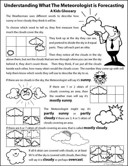 Simplified weather glossary to make it easier to understand the weather forecast for kids. Defining terms a Meteorologist uses in forecasting sun or clouds. Easy to understand, kid friendly definitions for more than 27 weather terms in a weather report such as sunny, mostly sunny, partly cloudy, mostly cloudy, overcast, etc. 3 page pdf is free and printable. #weather #homeschooling #vocabulary