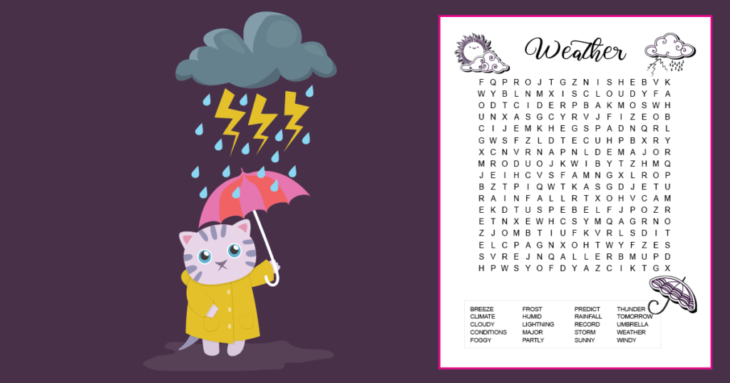 A weather word search for kids printable with 20 hidden words. The majority of the words are at a 5th grade spelling level. The printable is decorated with 3 small images that kids can color if desired: an umbrella, a storm cloud, and a sun behind a cloud. The printable is on a dark purple background with an image of a cat, standing in a puddle, holding an umbrella, under a storm cloud with lightning bolts.