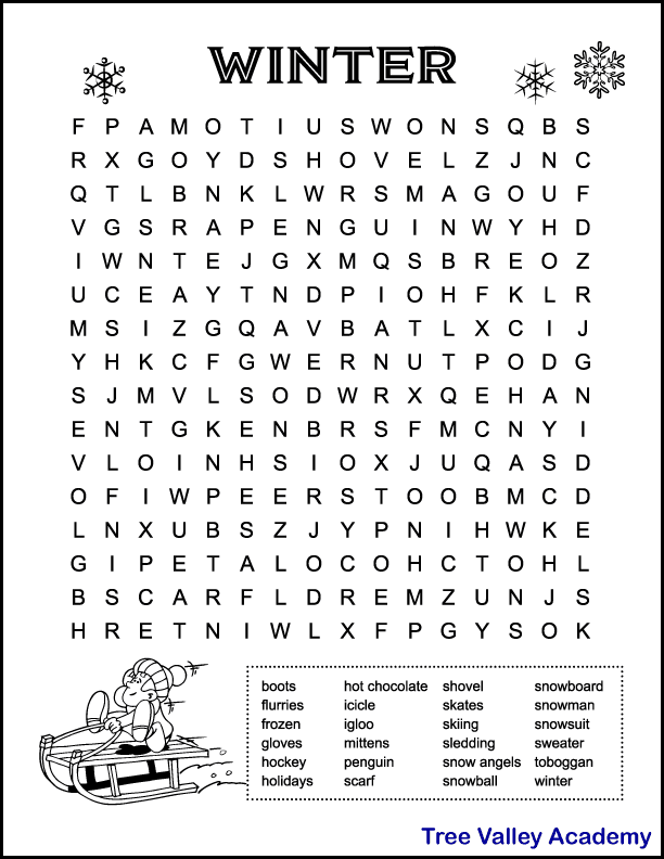 Free printable winter word search for kids. This medium level word puzzle has 24 hidden winter words for kids to find and circle. Kids can also color an image of a little boy on a sled.
