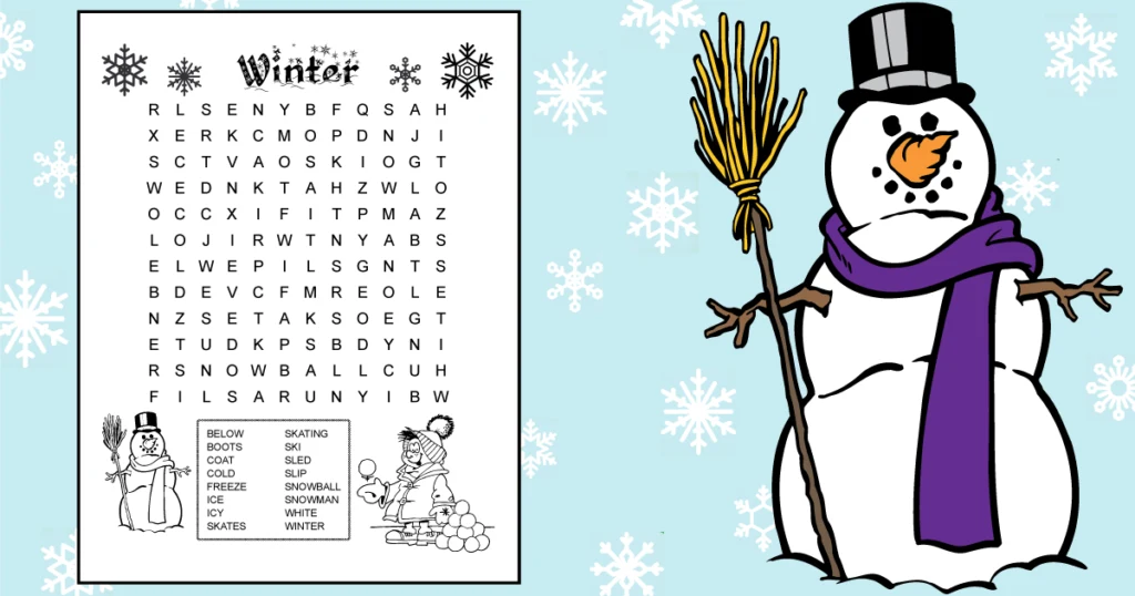 Free printable winter word search for kids around 3rd grade. 16 winter words hidden in a 12 X 12 grid of large print letters. The hidden words are at a 3rd grade or lower spelling level. Prints in black and white. Snowflakes decorate the top of the page. At the bottom of the page are images kids can color: a snowman and a boy dressed for winter throwing snowballs.
